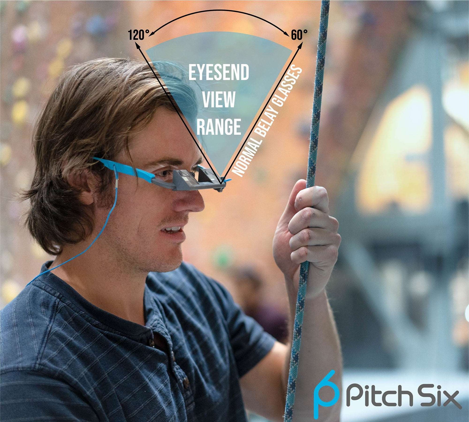 Belay glasses on man showing that he has a wide range of view with his rock climbing glasses 