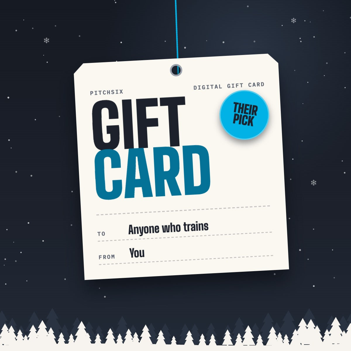 PitchSix digital gift card, a cream hangtag on a cyan cord against a snowy night sky